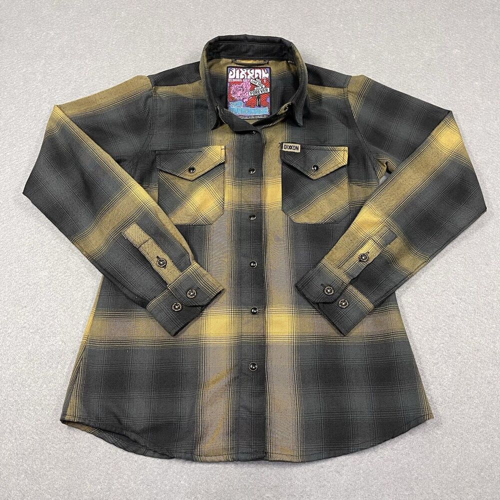DIXXON Shirt Womens Small Black Gold Oil Flannel Plaid The Panhandle Snap Button